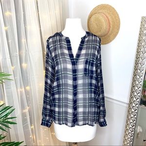 Joie 100% Silk Navy Plaid Blouse